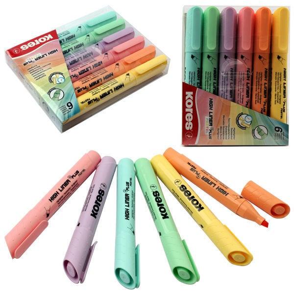 Kores Highlighter ""HIGH LINER PLUS"", pastel colours, case of 6 UV-resistant ink, water-based paint (6x)