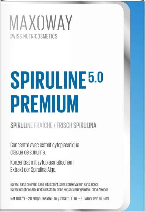 Valori nutrizionali e ingredienti Maxoway SPIRULINA PREMIUM 5.0 concentrato con estratto citoplasmatico di alga spirulina liq (1 Pezzo/i, Liquido)