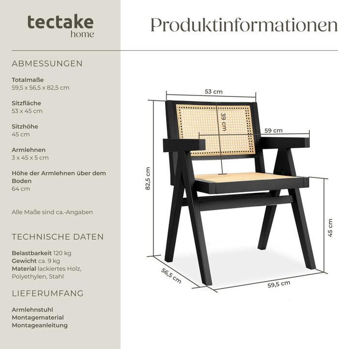 Produktbild tectake Esszimmerstuhl Lissy mit Wiener Geflecht, Belastbarkeit 120 kg