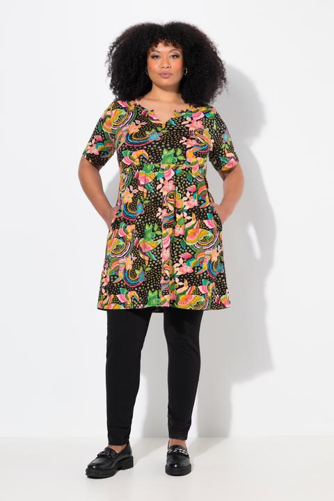 Image du produit Ulla Popken T-shirt long coupe évasée, manches courtes et col tunisien (46, 48)