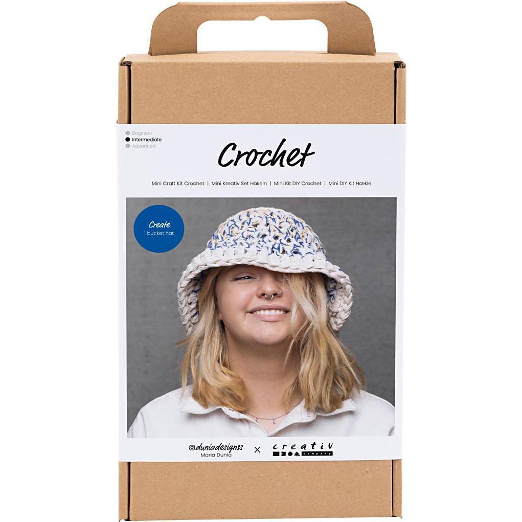 Creativ Company Craft Kit - Crochet - Chunky Bucket Hat (977646), Handarbeitsset, Gelb, Blau