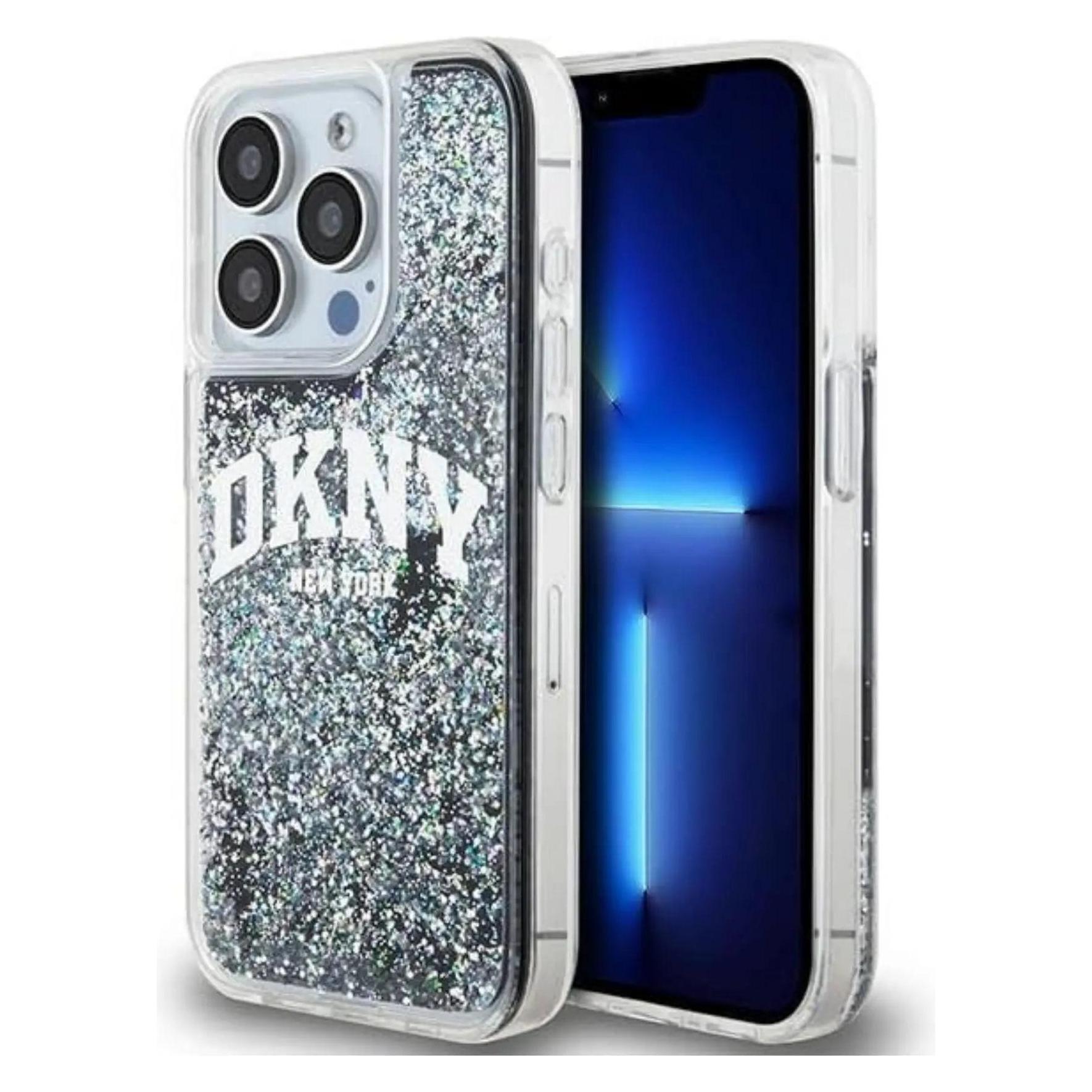 Dkny DKHCP15LLBNAEK IPhone 15 Pro 6.1" Czarny/zwarte Hardcase Vloeibaar Glitter Groot Logo (Apple IPhone 15 Pro), Smartphonehoes, Zwart, Grijs