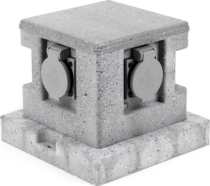 Actual product image Wiltec Garden Socket Fourfold Granite-look, IP44, Outdoor Socket with 1.5m Cable and Earth Peg