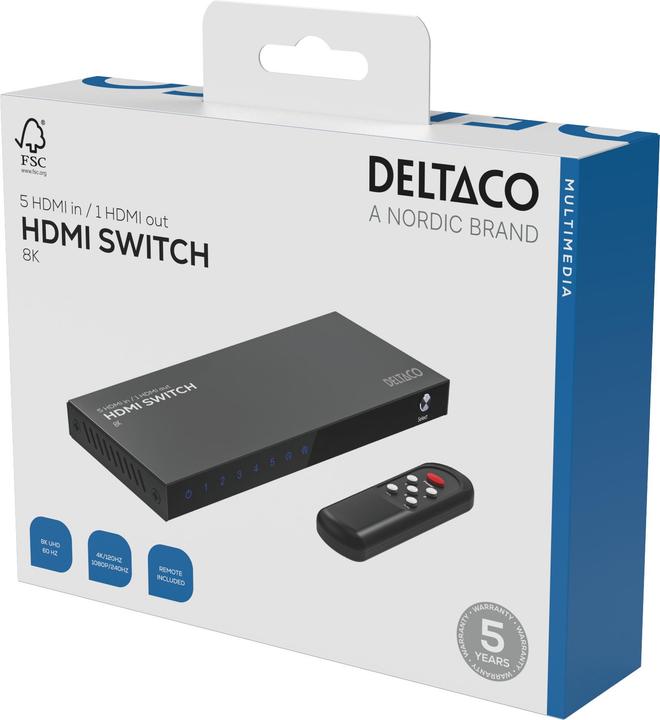 Produktbild Deltaco HDMI Switch, 5 inputs to 1 output, 8K 60Hz, w/remote