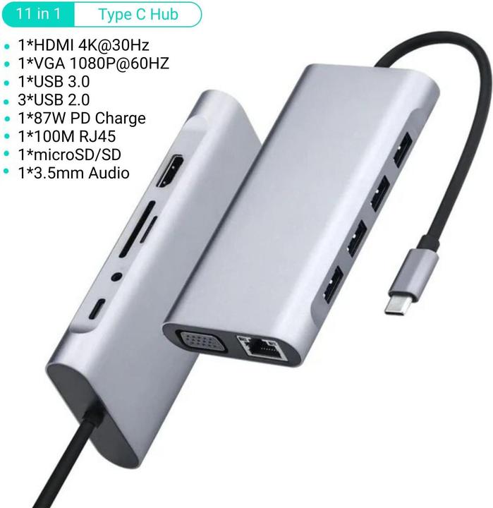 Immagine prodotto Hermex Docking station Hub multi USB USB-C 11in1 USB-A HDMI microSD/SD RJ45 AUX VGA (USB-C, 11 porte)