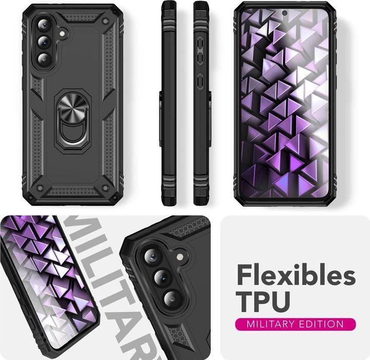 Produktbild Nalia RingDefend - Schwarze Panzerhülle mit 360-Grad Finger-Halter & Ständer - Military Style Cover (Samsung Galaxy A36)