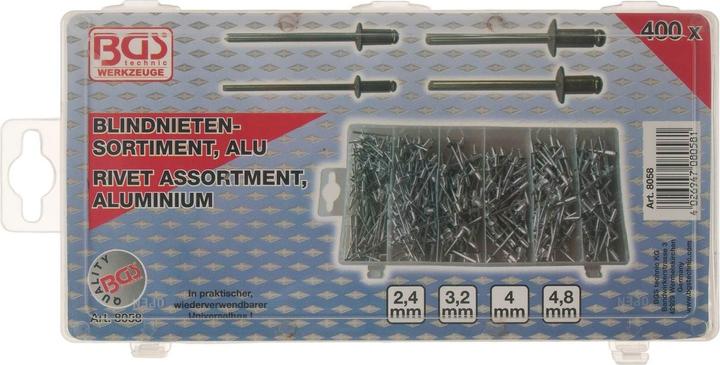 Immagine prodotto BGS Assortimento di rivetti ciechi | alluminio | Ø 2,4 - 4,8 mm | 400 pezzi.