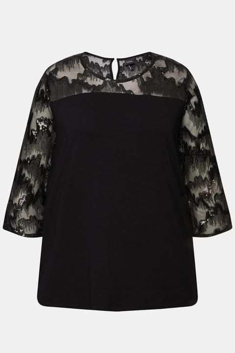 Actual product image Ulla Popken Sequined Mesh Panel 3/4 Sleeve Tee (54)