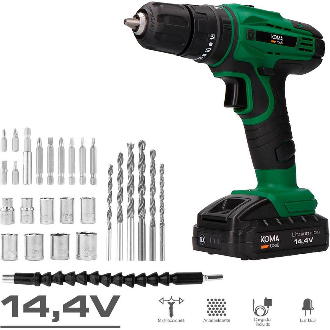 Koma Tools, Trapano + Avvitatore a batteria, 14.4v hammer drill driver kit with 28 accessories, battery 1500 mah and charger