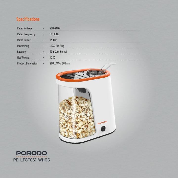 Image du produit Porodo Lifetsyle 1200W Abnehmbarer Tank Popcornmaschine - Weiss und Orange