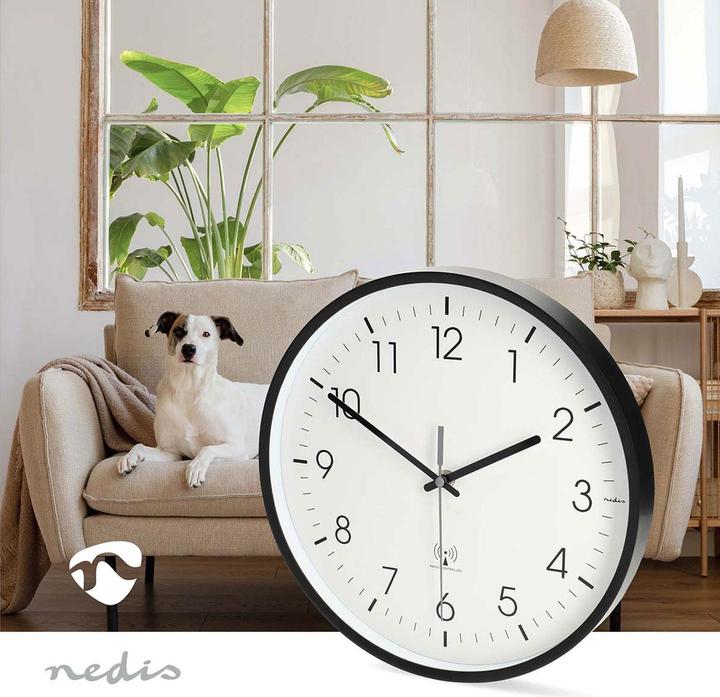Produktbild Nedis Wanduhr | Durchmesser: 300 mm | Kunststoff | Funkgesteuerte Zeit | Leise Bewegung | Schwarz / (30 cm)