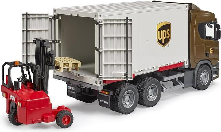 Actual product image Bruder Scania Super 560R UPS Logistics Truck with Truck Mounted Forklift