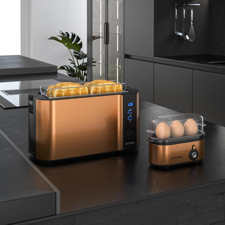 Actual product image Arendo Breakfast set, 4-slice long slot toaster with bread roll top & egg boiler for 3 eggs, copper