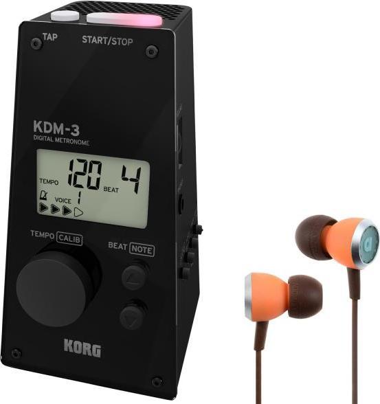 Korg Metronom KDM-3 Digital mit 19 Taktarten Schwarz mit In-Ear Kopfhörern