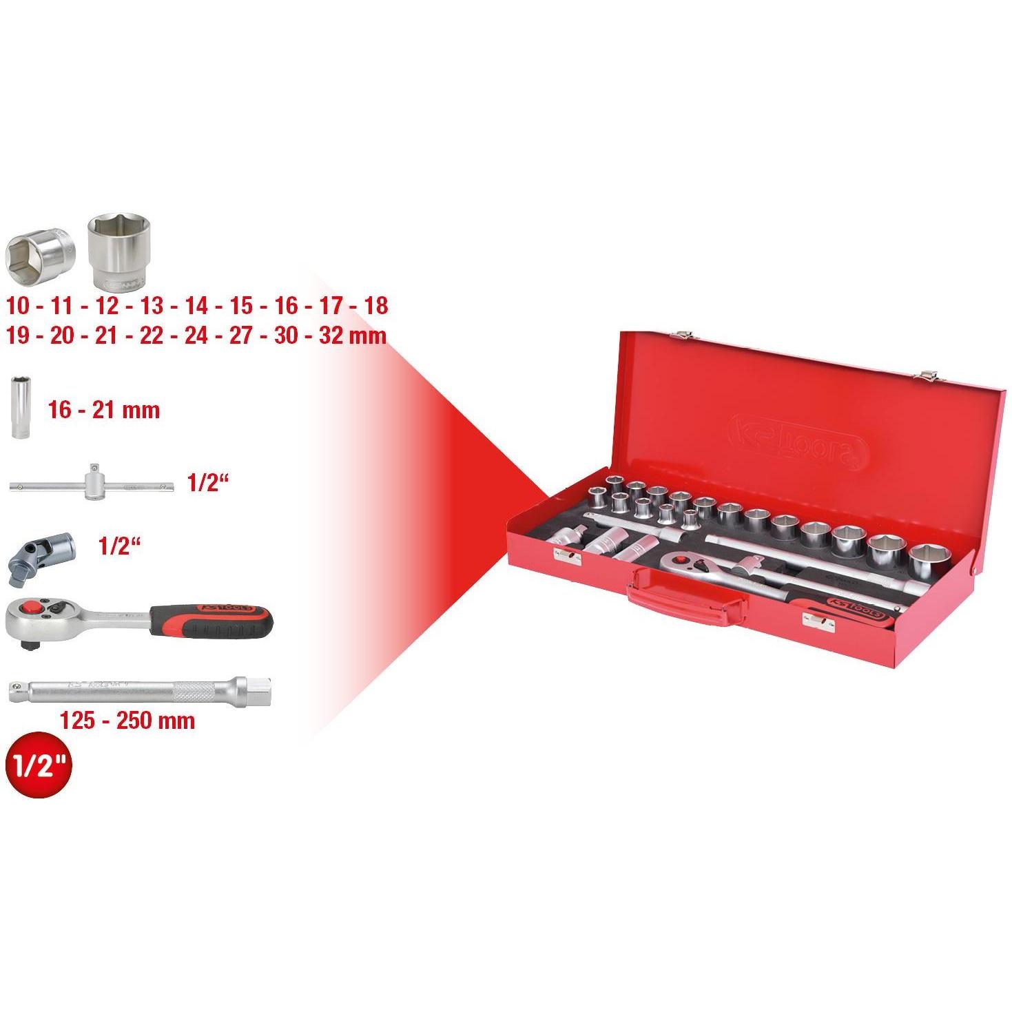 Thumbnail - KS Tools, Steckschlüssel + Stecknuss, 1/2 Steckschl.-Satz 24-tlg. 6-kant (32 mm, 19 mm, 16 mm, 27 mm, 28 mm, 23 mm, 10 ...