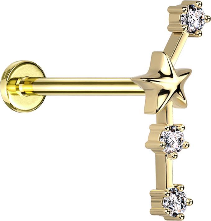 Produktbild Star Piercing Micro Labret Innengewinde vergoldet Sternzeichen Widder mit Kristallen (Messing, Chirurgenstahl 316L)