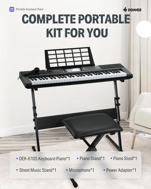 Produktbild Donner Electronic Piano Kit with Stand, Stool, Microphone, 61 Keys, 249 Voices, 249 Rhythms (61 Tasten)
