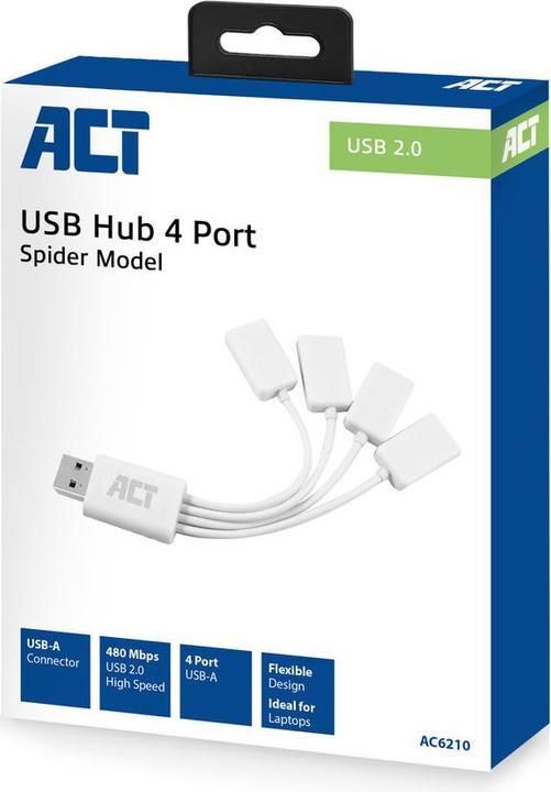 Produktbild ACT USB Hub 2.0, 4x USB-A, flexible, white (USB-A, 4 Ports)