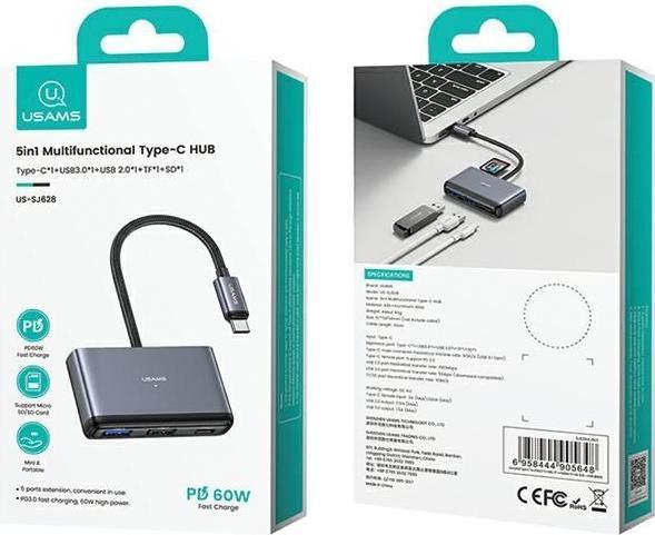 Actual product image Usams US-SJ628 5in1 Multifunctional Type-C HUB Type-C*1+USB3.0*1+USB 2.0*1+TF*1+SD*1 (USB-C, 5 ports)