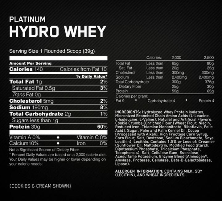 Valori nutrizionali e ingredienti Optimum Nutrition Platinum Hydro Whey (Vaniglia, 1 pz., 1590 g)