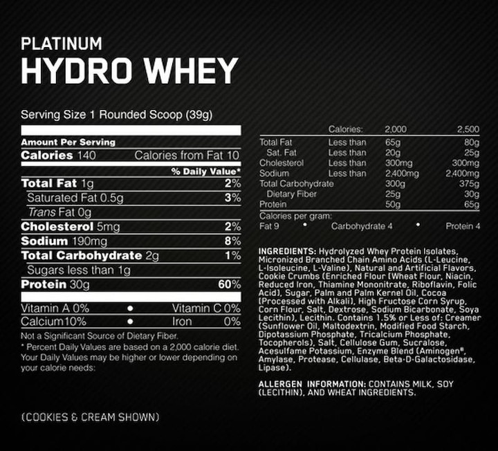 Nutritional values and ingredients Optimum Nutrition Platinum Hydro Whey (Vanilla, 1 pcs., 1590 g)