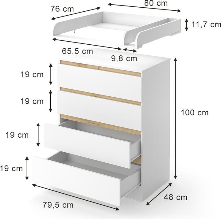 Produktbild VitaliSpa Wickelkommode Emmi, Weiss/Goldkraft Eiche, 80 x 111.7 cm mit 4 Schubladen