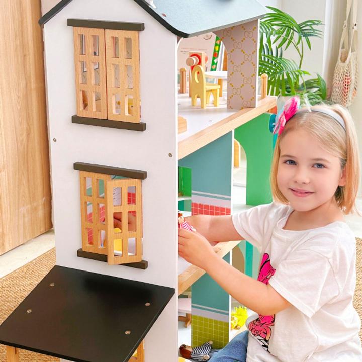 Image du produit Hermex 21-tlg. Holz-Puppenhaus mit Zubehör Spielhaus Kinderspielzeug Haus