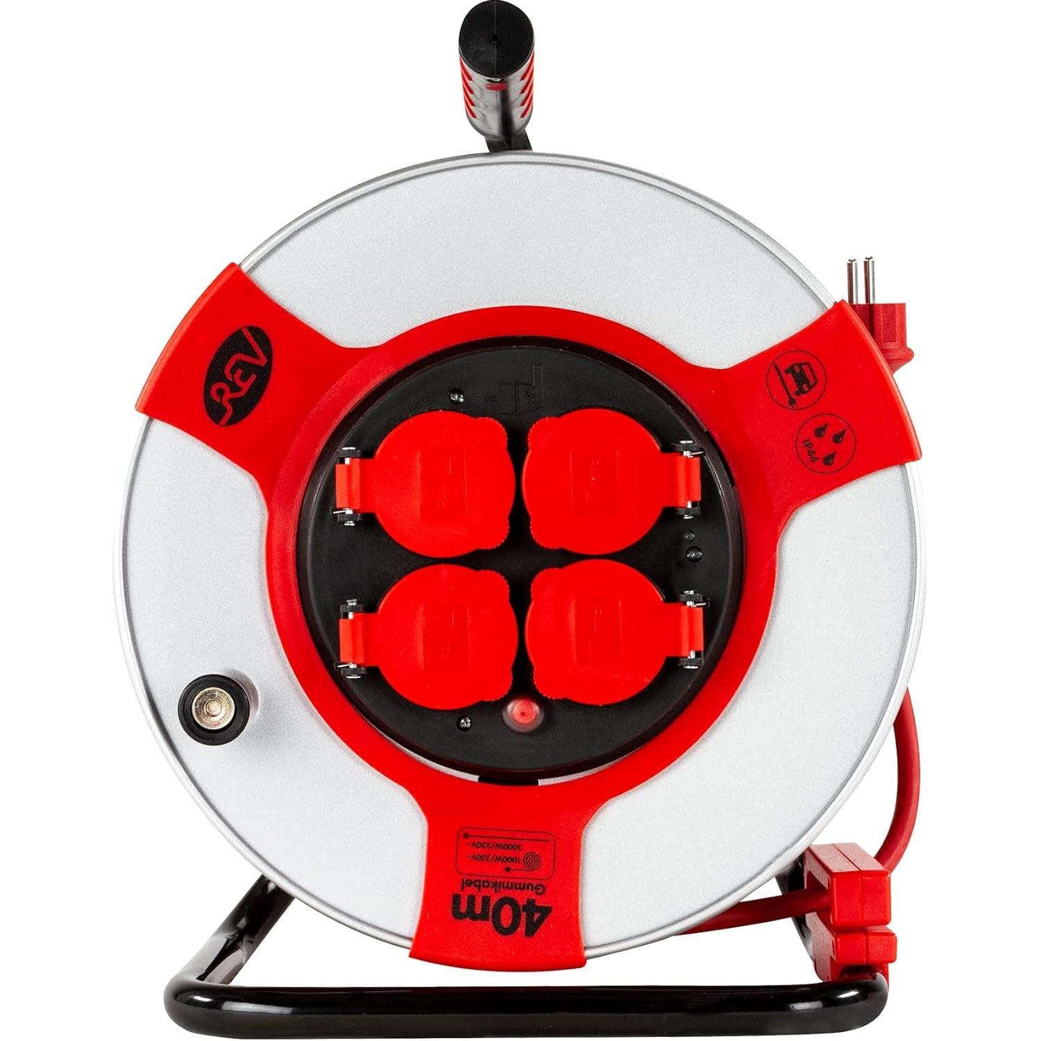 REV, Avvolgicavi, Cable Reel EX 40 m H07RN IP44 3000W Extension Cable Outdoor 4 Grounded Sockets Red (40 m, 1.50 mm².)