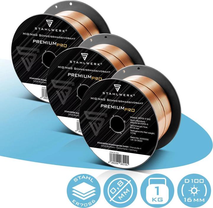 Produktbild Stahlwerk Schweissdraht MIG MAG ER70S-6  0,8 mm 1 kg D100 Drahtrolle 3er Set