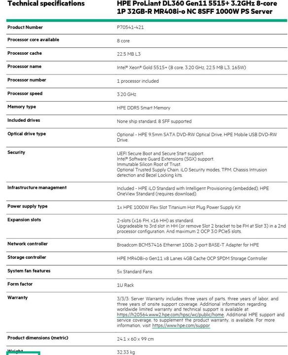 Valori nutrizionali e ingredienti HPE PL DL360g11 5515+ (3.2/8C/165W) 1x32G (p64706) MR408i-o/4G 8-10SFF 1x1000W 2x10G-T NBD333 1U (32 GB, Server Rack)