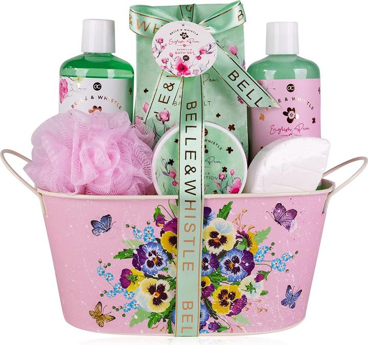 Produktbild Accentra Badeset BELLE & WHISTLE in bedruckter Blechwanne, inkl. 300ml Duschgel, 300ml Schaumbad, 300g Badesa (Haarpflege set)