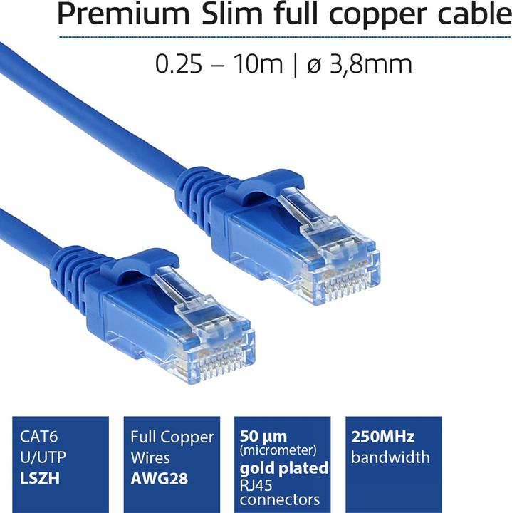 Actual product image ACT Blue 5 meter LSZH U/UTP CAT6 datacenter slimline patch cable snagless with RJ45 connectors (U/UTP, CAT6, 5 m)
