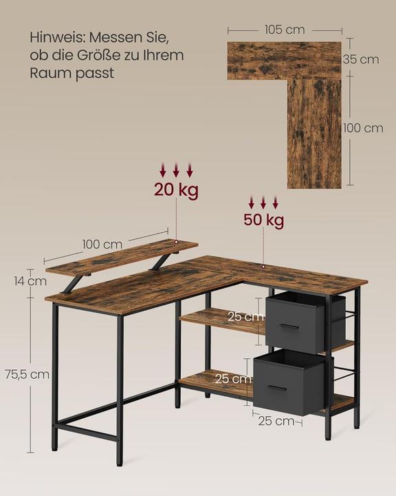 Image du produit Songmics Schreibtisch L-förmig mit Schubladen Vintagebraun (135 x 105 x 89.50 cm)