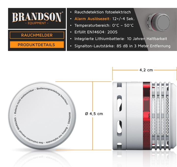 Actual product image Brandson Smoke detector, 10-year battery Li-Ion, volume 85dB, LED, test button, EN14604 & TÜV certified