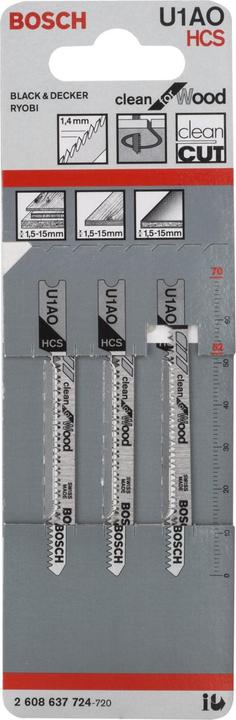 Produktbild Bosch Professional Zubehör Stichsägeblatt U 1 AO Clean for Wood, 3er-Pack