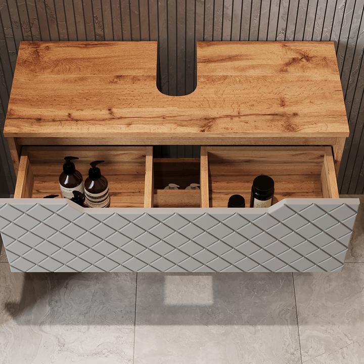 Actual product image Vicco Waschbeckenunterschrank Lotta, Eiche/Grau mit Kachelstruktur, 79.6 x 62.5 cm mit 2 Schubladen (79.60 x 32 x 62.50 cm)