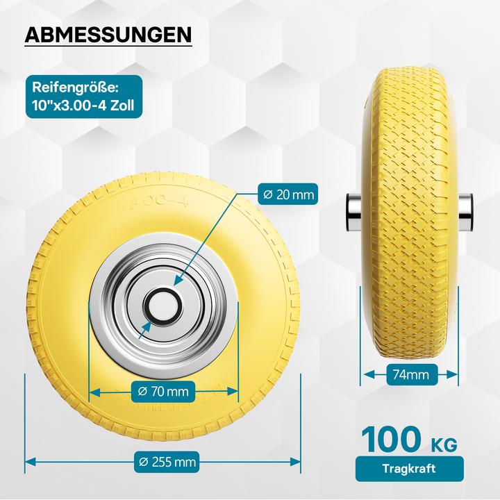 Produktbild Wiltec Schubkarren PU Rad 3.00-4 130kg Vollgummi Polyurethan Reifen pannensicher