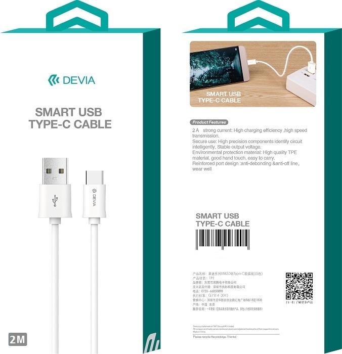 Produktbild Devia Kabel Smart USB - USB-C 2,0 m 2,1A weiss (2 m, USB 2.0, 10 W)