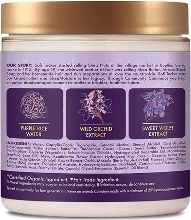 Valeurs nutritives et ingrédients Shea Moisture Masque de soins colorés Sheamoisture Strength pour cheveux abîmés à l'eau de riz pourpre 237ml (237 ml)