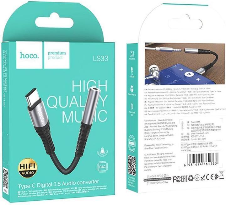 Actual product image Hoco - Audio Cable Adapter (LS33) - Type-C to Jack 3.5mm - Grey (Digital -> Analog)