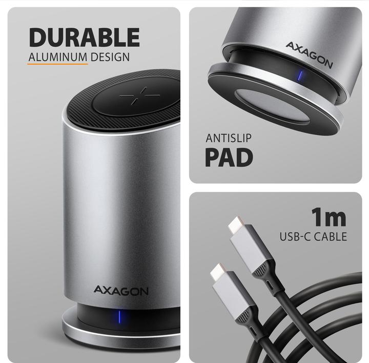 Produktbild Axagon HMC-WL9 9-in-1-Hub USB-C 10 Gbit/s kabelloses Laden Grau (USB-C, 9 Ports)