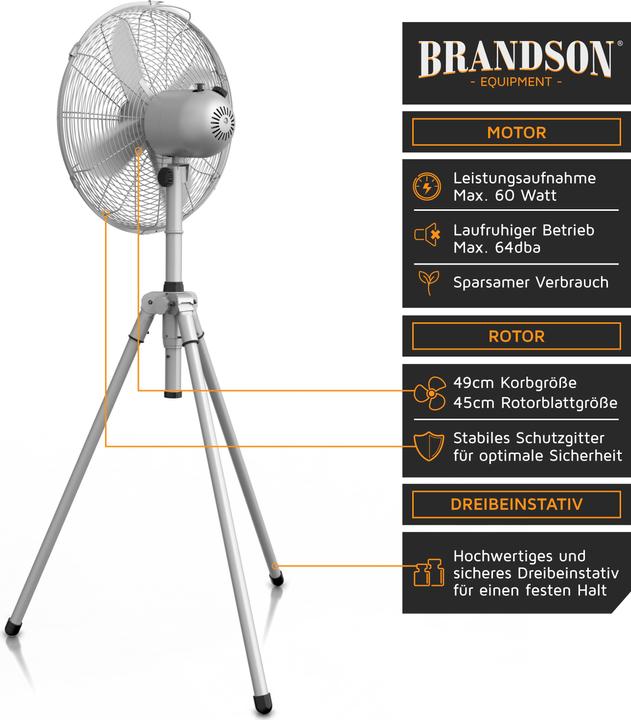 Produktbild Brandson Standventilator 49cm Ø, 60W Lüfter, Dreibeinstativ, Metallgehäuse, Tripod Ventilator, silber (64 dB)