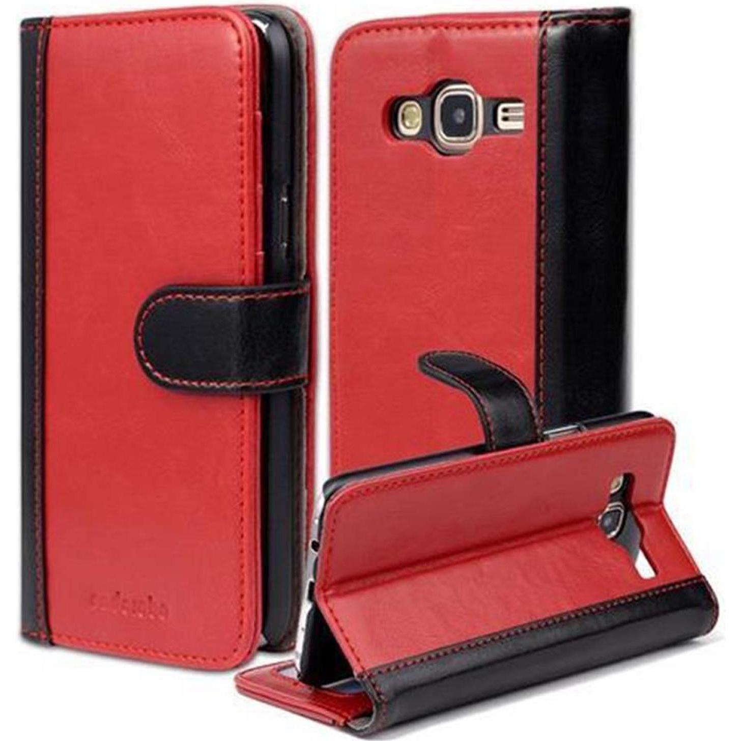 Cadorabo Book zweifarbige Streifen Cover (Samsung Galaxy J5 (2015)), Smartphone Hülle, Rot