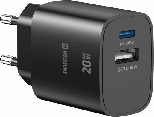 Produktbild Swissten Travel Charger Edge GaN 1x USB-C PD 20W + 1x USB-A 18W QC - Black (20 W, 2 Ports)