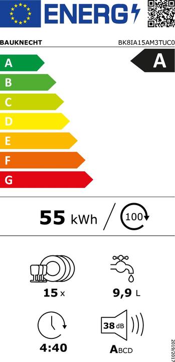 Energy Label Bauknecht BK8IA15AM3TUC0 Einbau-Geschirrspüler vollintegriert 60 cm