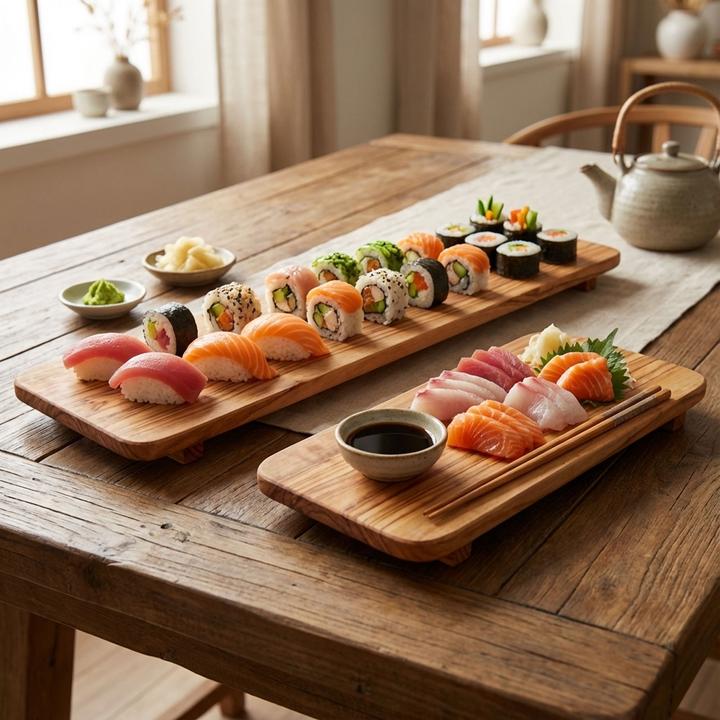 Natura Punto Sushi board, serving platter with feet, olive wood, set of 2