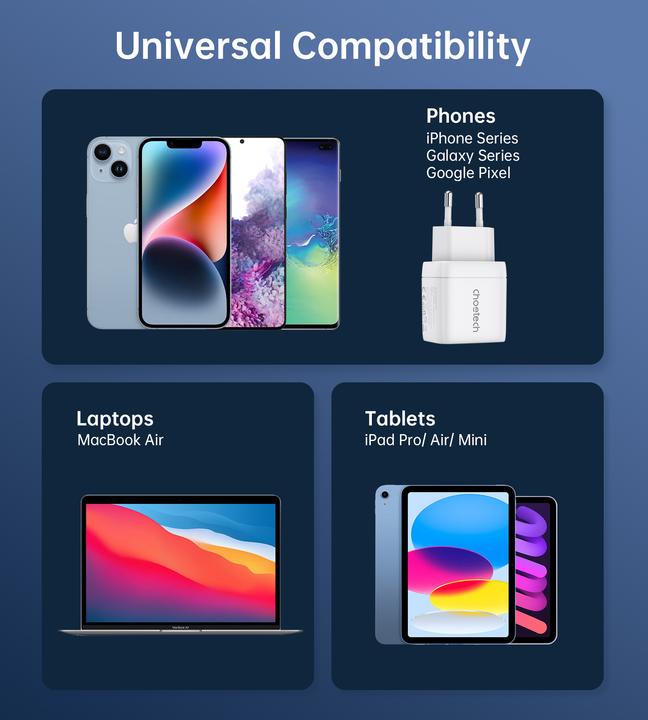 Produktbild Choetech PD6052 USB-C USB-A PD 35W GaN Wandladegerät mit Display – Weiss (35 W, 2 Ports)