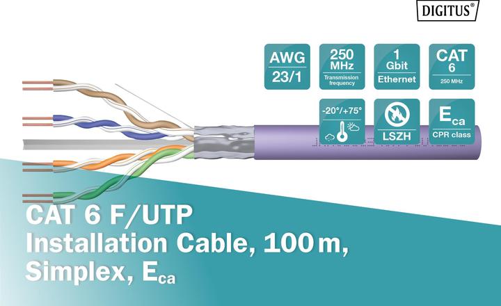 Produktbild Digitus Cat.6 Installationskabel f/UTP dca AWG 23/1 LSOH 100m lila (F/UTP, CAT6, 100 m)