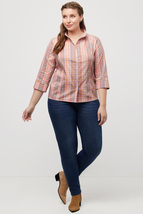 Immagine prodotto Ulla Popken Blusa aderente a quadri con collo montante, scollo a V e maniche a 3/4 (46, 48)