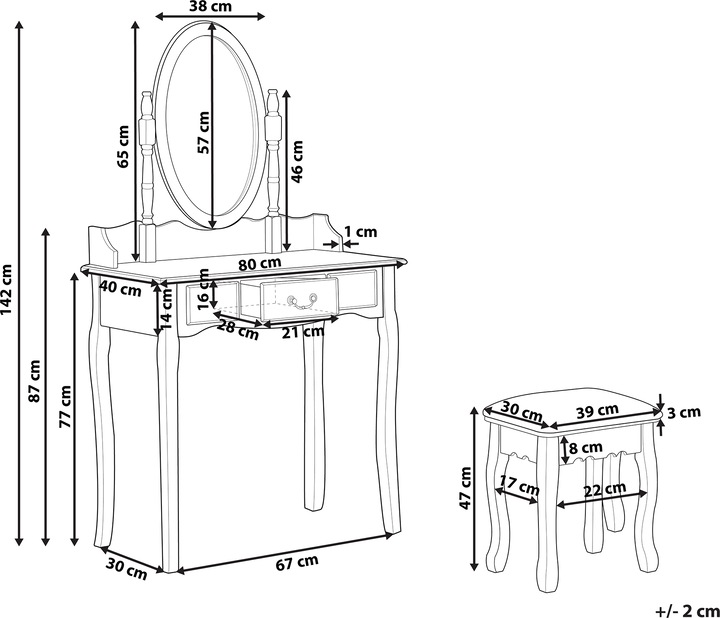 Produktbild Beliani Schminktisch mit ovalem Spiegel Hocker 1 Schublade weiss SOLEIL (39 x 30 x 47 cm)